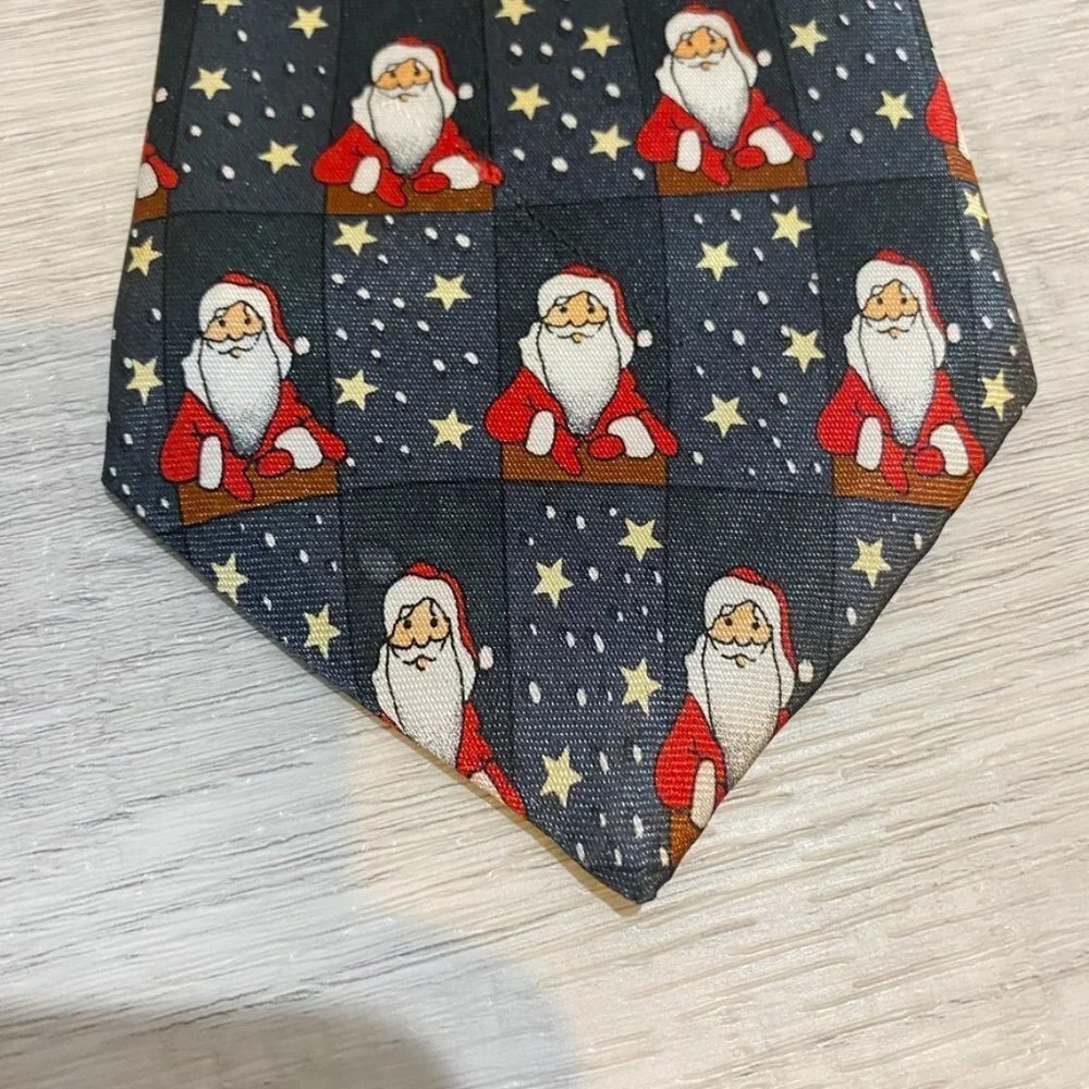 Christmas Holiday Santa Neck Tie 56" Navy Red Gold - Picture 3 of 8